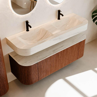 MONDIAZ THOR-DLUX 140cm meuble de salle de bains arrondi gauche + droite couleur Ruby avec 1 tiroir et 2 portes. Vasque suspendue CLOUD Double 2 trous de robinet couleur Meli.