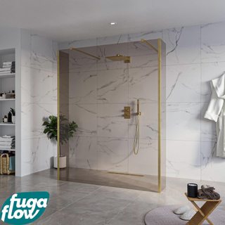 FugaFlow Eccelente Vetro Vrijstaande inloopdouche badkamer - 160x200cm - Rookglas - antikalk - 8mm veiligheidsglas - 2 zijwanden 30cm - met wandarmen en hoekprofielen - Messing geborsteld (goud) -