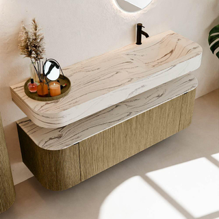 MONDIAZ THOR-DLUX 150cm meuble de salle de bains arrondi gauche + droite couleur Dusk avec 1 tiroir et 2 portes. Vasque suspendue CLOUD Droite 1 trou de robinet couleur Nata.