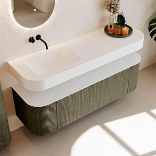 MONDIAZ THOR Meuble de salle de bains 150cm arrondi gauche + droite couleur Shadow avec 1 tiroir et 2 portes. Vasque suspendue CLOUD Gauche sans trou de robinet couleur Talc.