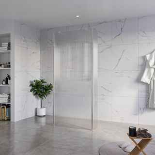 FugaFlow Eccelente Vetro Douche à l'italienne - 90x200cm - verre clair nervuré - anticalcaire - verre de sécurité 8mm - 2 parois latérales 30cm - avec bras muraux et profilés d'angle - Inox brossé