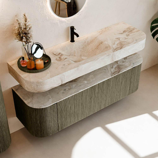 MONDIAZ THOR-DLUX 150cm meuble de salle de bains arrondi gauche + droite couleur Shadow avec 1 tiroir et 2 portes. Vasque suspendue CLOUD Milieu 1 trou de robinet couleur Frappe.