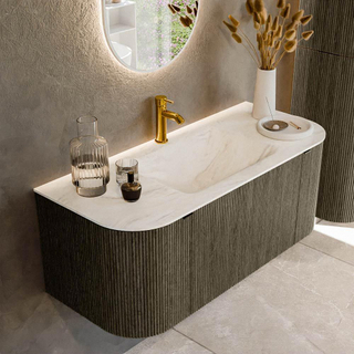 Ensemble de meuble de salle de bain Mondiaz KURVE-DLUX - 110x46x40cm - 1 tiroir - 2 portes - lavabo en solid surface - milieu - 1 trou de robinet - Shadow