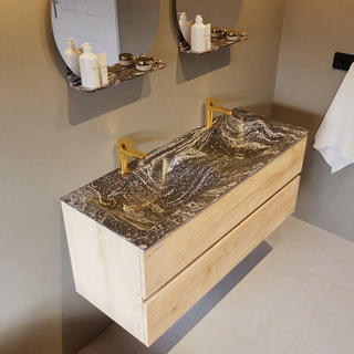 Mondiaz VICA-DLUX ensemble de meuble de salle de bain - 120cm - meuble sous-vasque chêne blanchi - 2 tiroirs - lavabo encastré cloud double - 2 trous de robinet - miroir modèle spot - version XL 60cm de haut - lave