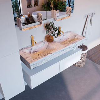 Mondiaz ALAN-DLUX Ensemble de meuble - 130cm - meuble Talc mat - 2 tiroirs - Lavabo Cloud Glace suspendu - vasque Gauche et droite - 2 trous de robinet