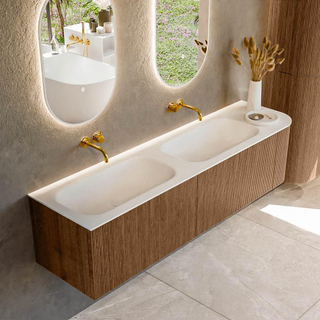 MONDIAZ KURVE 175cm Meuble salle de bain avec module 25 D - couleur Walnut - 2 tiroirs - 1 porte - vasque BIG SMALL double / gauche - sans trous de robinet - Talc