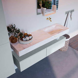 Mondiaz ALAN-DLUX Ensemble de meuble - 150cm - meuble - Clay mat - 2 tiroirs - Lavabo Cloud Ostra suspendu - vasque droite - 0 trous de robinet - Beige