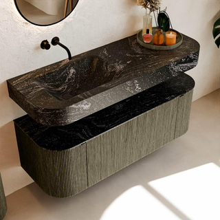 MONDIAZ THOR-DLUX 130cm meuble de salle de bains arrondi gauche + droite couleur Shadow avec 1 tiroir et 2 portes. Vasque suspendue CLOUD gauche sans trou de robinet couleur Lava.