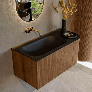 MONDIAZ KURVE 95cm Meuble salle de bain avec module 25 D - couleur Walnut - 1 tiroir - 1 porte - vasque BIG SMALL gauche - sans trous de robinet - Urban