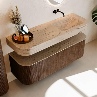 MONDIAZ THOR-DLUX 140cm meuble de salle de bains arrondi gauche + droite couleur Walnut avec 1 tiroir et 2 portes. Vasque suspendue CLOUD droite sans trou de robinet couleur Arena.