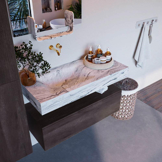 Mondiaz ALAN-DLUX 100cm meuble de salle de bain sous-vasque Marron Foncé 1 tiroir. Lavabo suspendu CLOUD gauche sans trou de robinet, couleur Glace