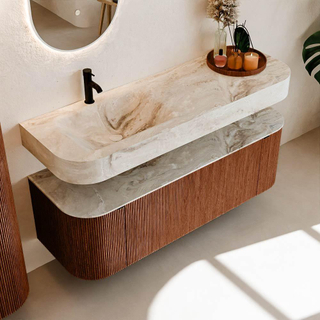 MONDIAZ THOR-DLUX 140cm meuble de salle de bains arrondi gauche + droite couleur Ruby avec 1 tiroir et 2 portes. Vasque suspendue CLOUD Gauche 1 trou de robinet couleur Frappe.