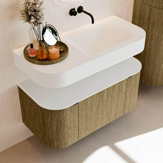 MONDIAZ THOR Meuble de salle de bains 100cm arrondi gauche + droite couleur Dusk avec 1 tiroir et 2 portes. Vasque suspendue CLOUD Droite sans trou de robinet couleur Talc.