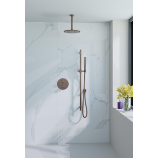 Fortifura Calvi Ensemble de douche à l'italienne - rond - thermostatique - bras plafond - glijstang - douche principale de 25 cm - douchette à main - flexible lisse - Cuivre brossé PVD (Cuivre)