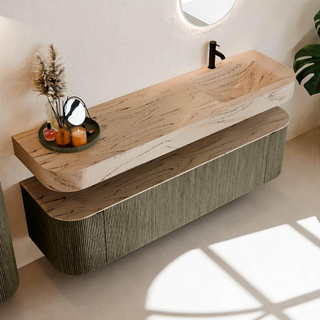 MONDIAZ THOR-DLUX 170cm badmeubel ronding links + rechts kleur Shadow met 1 lade en 2 deuren. Vrijhangende wastafel CLOUD Rechts 1 kraangat kleur Arena.