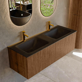 MONDIAZ KURVE 130cm Meuble salle de bain - couleur Walnut - 2 tiroirs - vasque CLOUD double - 2 trous de robinet - Urban