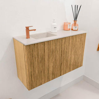 Mondiaz JOYA-DLUX 70cm toiletmeubel - kleur Oak - Wastafel FAYE positie Links 1 kraangat kleur Meli.