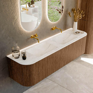 MONDIAZ KURVE-DLUX 170cm Meuble salle de bain avec module 25 G et D - couleur Walnut - 1 tiroir - 2 portes - vasque LEAF double - sans trou de robinet - couleur Ostra