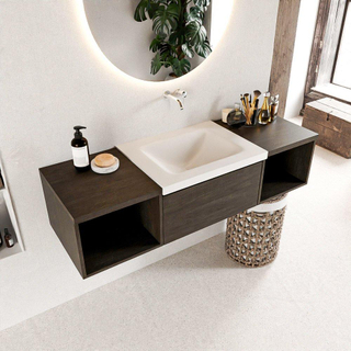 MONDIAZ BUKLA 140cm badmeubel met open module 40 L+R kleur Dark Brown met 2 lades. Wastafel CLOUD midden 0 kraangaten kleur Talc.