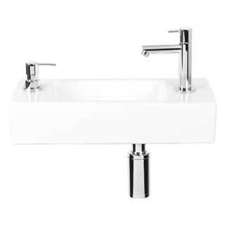 Differnz Sapon kit lave-mains - 42x18.5x9cm - Rectangulaire - 1 trou de robinet - eau chaude/froide - Chrome - Céramique Blanche