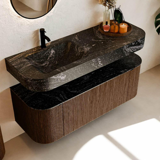 MONDIAZ THOR-DLUX 130cm meuble de salle de bains arrondi gauche + droite couleur Walnut avec 1 tiroir et 2 portes. Vasque suspendue CLOUD gauche 1 trou de robinet couleur Lava.