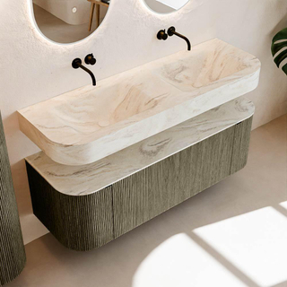 MONDIAZ THOR-DLUX 140cm meuble de salle de bains arrondi gauche + droite couleur Shadow avec 1 tiroir et 2 portes. Vasque suspendue CLOUD Double sans trou de robinet couleur Ostra.