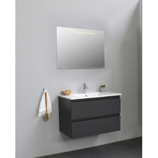 Basic Bella Meuble lavabo céramique avec 1 trou de robinet avec miroir avec éclairage 80x55x46cm Flat Pack Anthracite mat