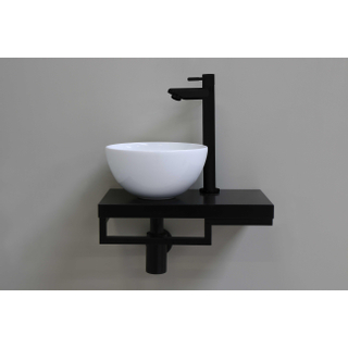 Proline fonteinset compleet met keramieken waskom glans wit links, zwart blad, kraan, sifon en afvoerplug mat zwart