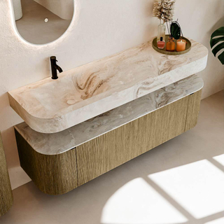 MONDIAZ THOR-DLUX Meuble de salle de bains 160cm arrondi gauche + droite couleur Dusk avec 1 tiroir et 2 portes. Vasque suspendue CLOUD Gauche 1 trou de robinet couleur Frappe.