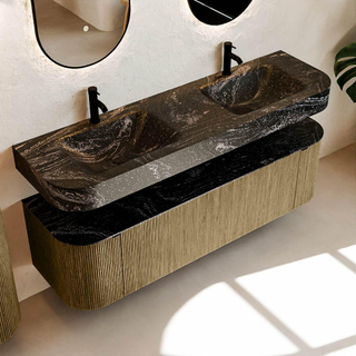 MONDIAZ THOR-DLUX 160cm meuble de salle de bains arrondi gauche + droite couleur Dusk avec 1 tiroir et 2 portes. Vasque suspendue CLOUD Double 2 trous de robinet couleur Lava.