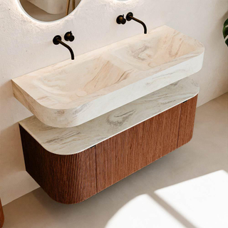 MONDIAZ THOR-DLUX 120cm meuble de salle de bains arrondi gauche + droite couleur Ruby avec 1 tiroir et 2 portes. Vasque suspendue CLOUD Double sans trou de robinet couleur Ostra.