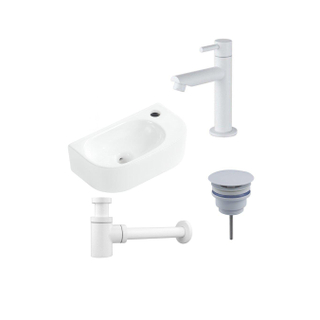 Fugaflow Efficiente Pietra Ensemble de fontaine - 40x21,5x12cm - droite - lisse - demi-rond - 1 trou de robinet - céramique - robinet de fontaine blanc mat - bouchon de vidange - siphon abaissé - blanc mat