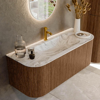 MONDIAZ KURVE-DLUX 120cm Meuble salle de bain avec module 25 G et D - couleur Walnut - 1 tiroir - 2 portes - vasque BIG SMALL centre - 1 trou de robinet - couleur Glace