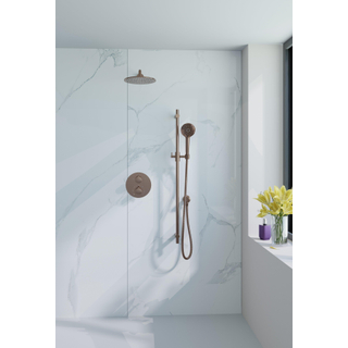 Fortifura Calvi Ensemble de douche à encastrer - rond - thermostatique - bras mural - glissière - douche principale de 25 cm - douchette ronde - flexible lisse - Cuivre brossé PVD (Cuivre)