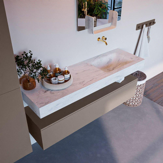 Mondiaz ALAN-DLUX Ensemble de meuble - 150cm - meuble Smoke mat - 1 tiroir - Lavabo Cloud Opalo suspendu - vasque Droite - 0 trous de robinet