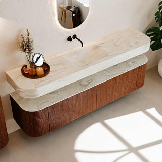 MONDIAZ THOR-DLUX Meuble de salle de bains - 190cm - arrondi gauche + droite - couleur Ruby - 2 tiroirs et 2 portes - Vasque suspendue CLOUD Milieu sans trou de robinet couleur Ostra