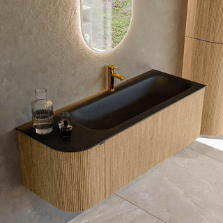 MONDIAZ KURVE 125cm Meuble salle de bain avec module 25 G - couleur Oak - 1 tiroir - 1 porte - vasque BIG MEDIUM droite - 1 trou de robinet - Urban