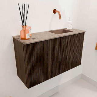 Mondiaz JOYA-DLUX 70cm toiletmeubel - kleur Walnut - Wastafel FAYE positie Rechts Zonder kraangat kleur Arena.