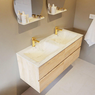 Mondiaz VICA-DLUX ensemble de meuble de salle de bain - 120cm - meuble sous-vasque chêne blanchi - 4 tiroirs - lavabo encastré cloud double - 2 trous de robinet - version haute de 60cm - opalo