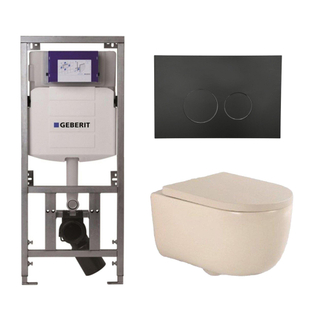 QeramiQ Dely Swirl Toiletset - 36.3x51.7cm - Geberit UP320 Burda inbouwreservoir - 35mm zitting - mat zwarte metalen bedieningsplaat - ronde knoppen - beige