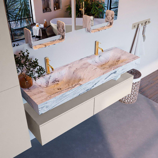 Mondiaz ALAN-DLUX Ensemble de meuble - 150cm - meuble Linen mat - 2 tiroirs - Lavabo Cloud Glace suspendu - vasque Gauche et droite - 2 trous de robinet