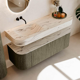 MONDIAZ THOR-DLUX 140cm meuble de salle de bains arrondi gauche + droite couleur Shadow avec 1 tiroir et 2 portes. Vasque suspendue CLOUD Gauche sans trou de robinet couleur Nata.