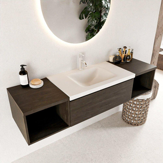 MONDIAZ BUKLA 160cm ensemble de meuble avec module ouvert 40 L+R couleur Marron foncé avec 1 tiroir. Lavabo CLOUD centre 1 trou de robinet couleur Talc.