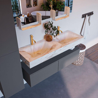 Mondiaz ALAN-DLUX Ensemble de meuble - 130cm - meuble Plata mat - 2 tiroirs - Lavabo Cloud Frappe suspendu - vasque Gauche et droite - 2 trous de robinet