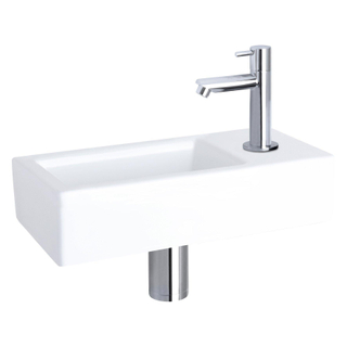 Differnz Ravo Kit lave-main 38.5x18.5x24.5cm avec 1 trou de robinet, robinet droit et siphon et bonde chrome vasque rectangulaire céramique blanc