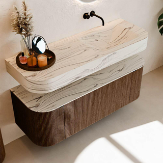 MONDIAZ THOR-DLUX 130cm meuble de salle de bains arrondi gauche + droite couleur Walnut avec 1 tiroir et 2 portes. Vasque suspendue CLOUD Droite sans trou de robinet couleur Nata.