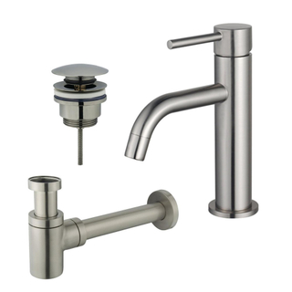 FugaFlow Eccelente Sobrado Badkamer Slim Wastafelkraanset - lage wastafelkraan - klikwaste plug - verlaagde design sifon - PVD Geborsteld RVS