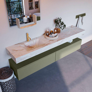 Mondiaz ALAN-DLUX Ensemble de meuble - 200cm - meuble Army mat - 2 tiroirs - Lavabo Cloud Frappe suspendu - vasque Gauche - 1 trou de robinet