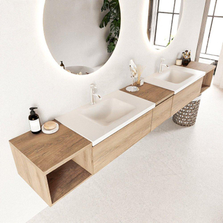 MONDIAZ BUKLA 280cm badmeubel met open module 40 L+R kleur Washed Oak met 3 lades. Wastafel CLOUD dubbel 2 kraangaten kleur Talc.