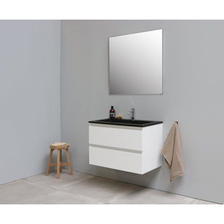 Basic Bella Meuble salle de bains avec lavabo acrylique Noir avec miroir 80x55x46cm 1 trou de robinet Blanc brillant